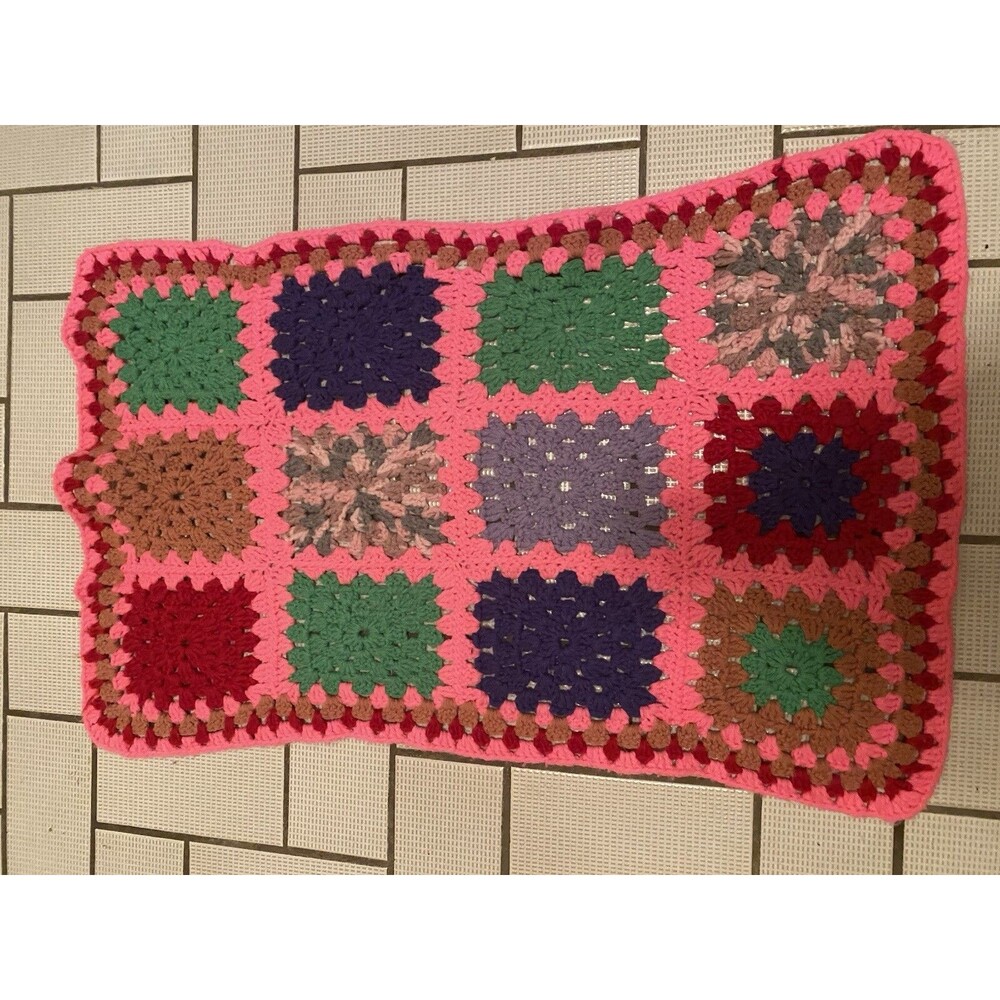Handmade Crochet Knit Lap Blanket 30”x19” Pink Multi Color Design Decor